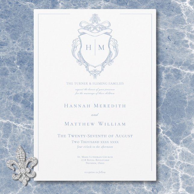 Elegant Blue Chinoiserie Bird & Crest Wedding Invitation (Elegant Blue Chinoiserie Bird & Crest Wedding Invitation)