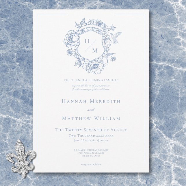 Elegant Blue Chinoiserie Bird & Crest Wedding Invitation (Elegant Blue Chinoiserie Bird & Crest Wedding Invitation)