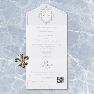 Elegant Blue Chinoiserie Bird Crest Wedding QR All In One Invitation