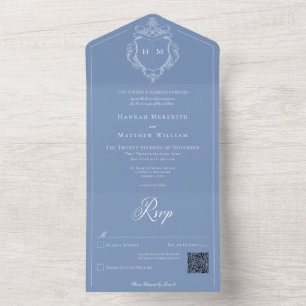 Elegant Blue Chinoiserie Bird Crest Wedding QR All In One Invitation