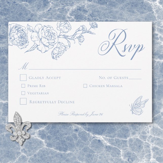 Elegant Blue Chinoiserie Bird & Crest Wedding RSVP Card (Elegant Blue Chinoiserie Bird & Crest Wedding Dinner RSVP Card)