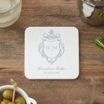 Elegant Blue Chinoiserie Bird Crest Wedding Square Paper Coaster<br><div class="desc">Elevate your special day with our elegant, vintage Baroque-style wedding coaster, a masterpiece of timeless elegance. Featuring a delicate French dusty blue chinoiserie crest with delicate line art on a pristine white background, this design exudes classic charm and sophistication. Its simplicity highlights its refined details, creating a design as graceful...</div>
