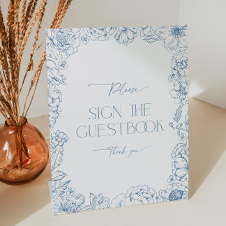 Elegant Blue Chinoiserie Bridal Shower Guestbook Pedestal Sign