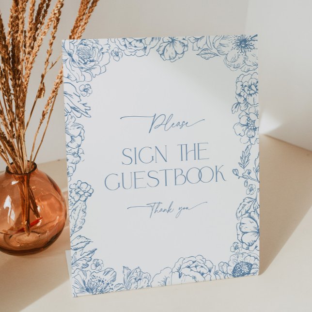 Elegant Blue Chinoiserie Bridal Shower Guestbook Pedestal Sign (Elegant blue chinoiserie floral toile de jouy guestbook sign)