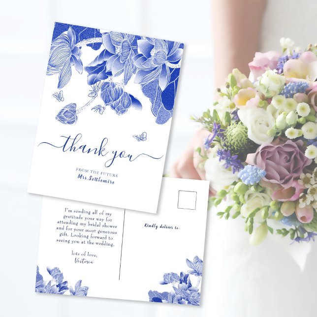 Elegant Blue Chinoiserie Bridal Shower Thank You Postcard (Creator Uploaded)