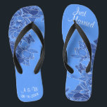Elegant Blue Chinoiserie Chic Wedding Just Married Jandals<br><div class="desc">Featuring a chinoiserie illustration of floral pattern on the blue background, and wedding words typography, these elegant flip flops are a pretty something blue idea for your wedding. They will add a stylish dose of glam to your wedding day, bachelorette party, or other celebration. ♥Customise it with your wording by using the template...</div>