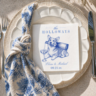 Elegant Blue Chinoiserie Corgi Wedding Napkin