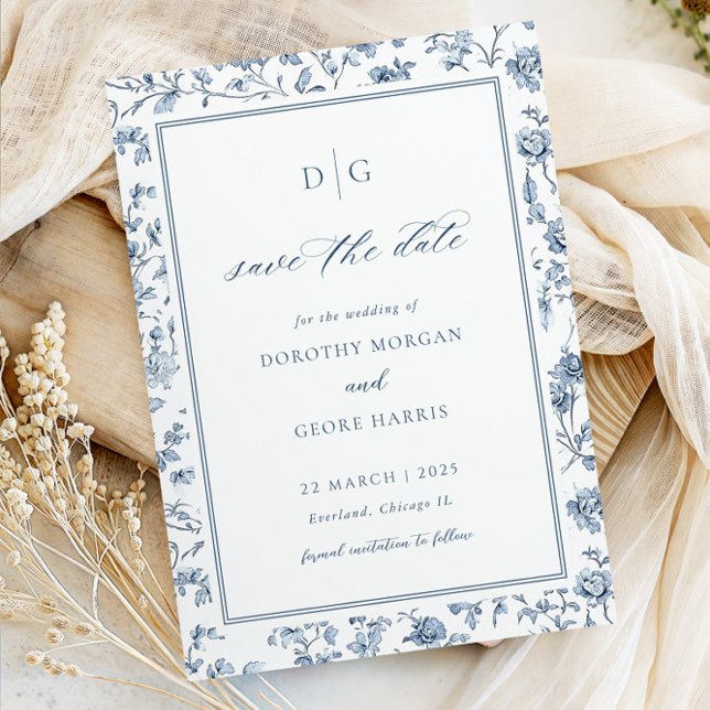 Elegant Blue Chinoiserie Flat Save The Date Card (Creator Uploaded)