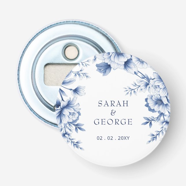 Elegant Blue Chinoiserie Floral Botanical Wedding Bottle Opener (Front)