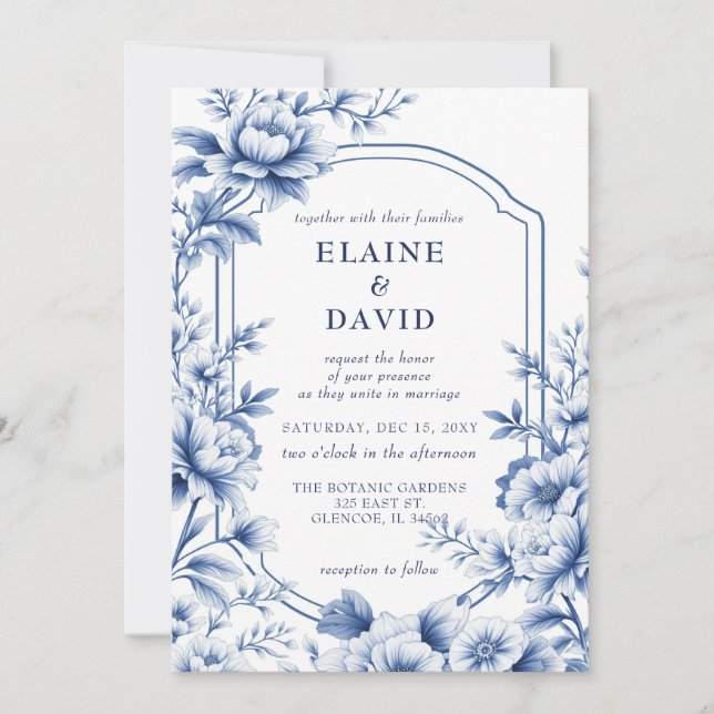 Elegant Blue Chinoiserie Floral Botanical Wedding Invitation (Front)