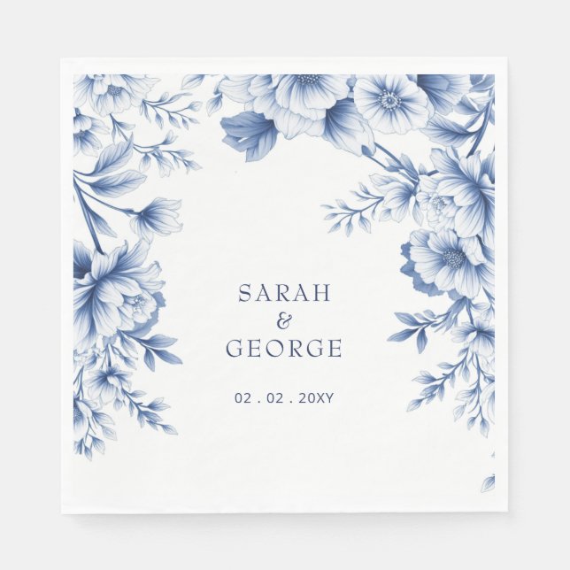 Elegant Blue Chinoiserie Floral Botanical Wedding Napkin (Front)