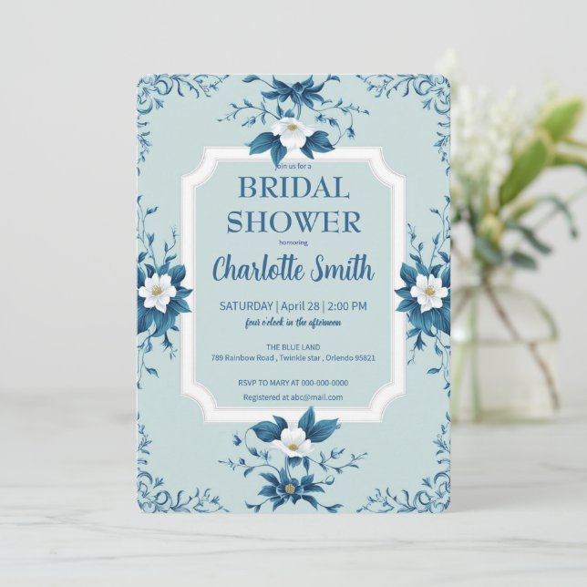 Elegant Blue Chinoiserie Floral bridal shower Invitation (Standing Front)