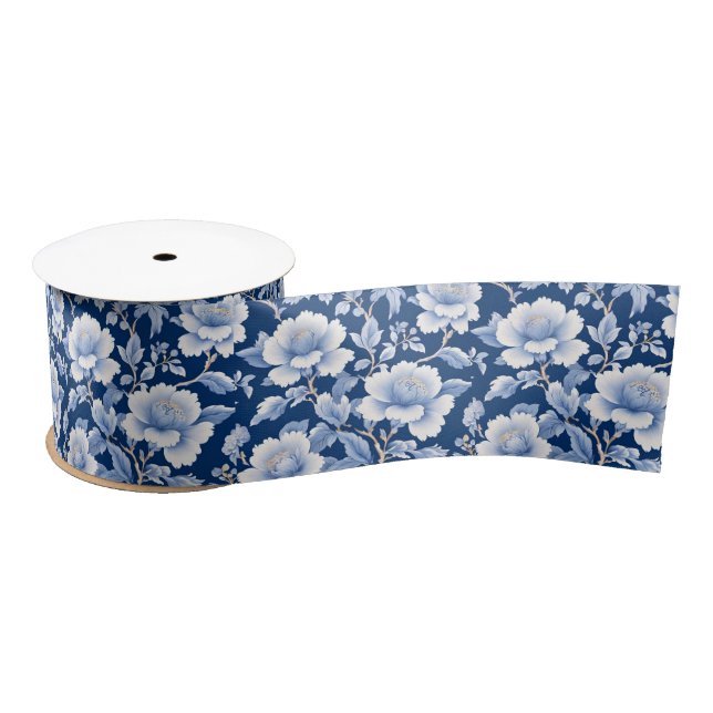 Elegant Blue Chinoiserie Floral bridal shower Satin Ribbon (Spool)