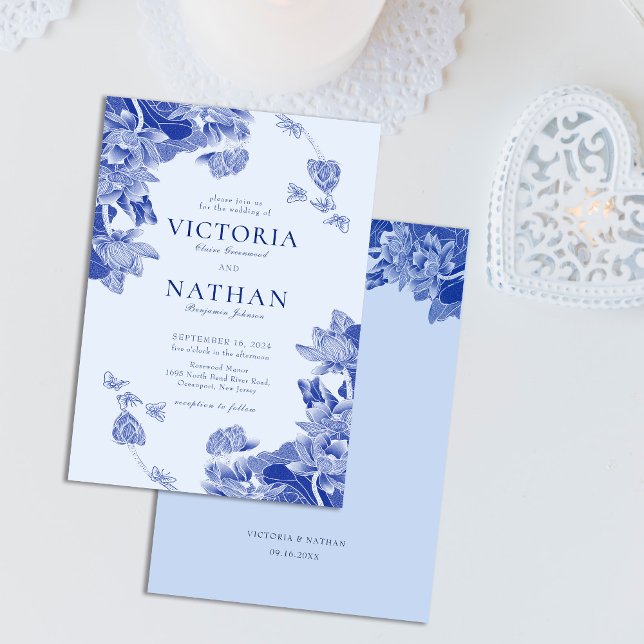 Elegant Blue Chinoiserie Floral Lotus  Wedding Invitation (Creator Uploaded)