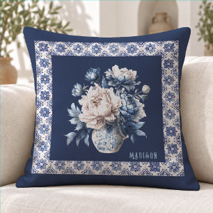 Elegant Blue Chinoiserie Floral Monogram Cushion