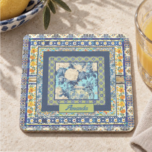 Elegant Blue Chinoiserie Floral Monogram Stone Coaster