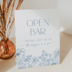 Elegant Blue Chinoiserie Floral Open Bar Cocktail Pedestal Sign