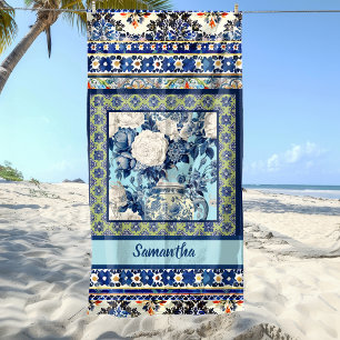 Elegant Blue Chinoiserie Floral Pattern Beach Towel