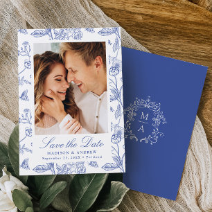 Elegant Blue Chinoiserie Floral Photo Wedding Save The Date