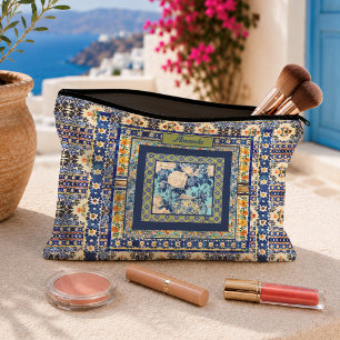 Elegant Blue Chinoiserie Floral Tile Monogram Accessory Pouch