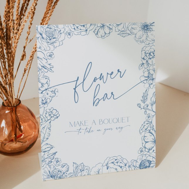 Elegant Blue Chinoiserie Flower Bar Make a Bouquet Pedestal Sign (Elegant blue chinoiserie flower bar, make a bouquet to take on your way sign with toile de jouy)