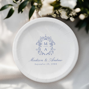 Elegant Blue Chinoiserie Monogram Crest Wedding Paper Plate