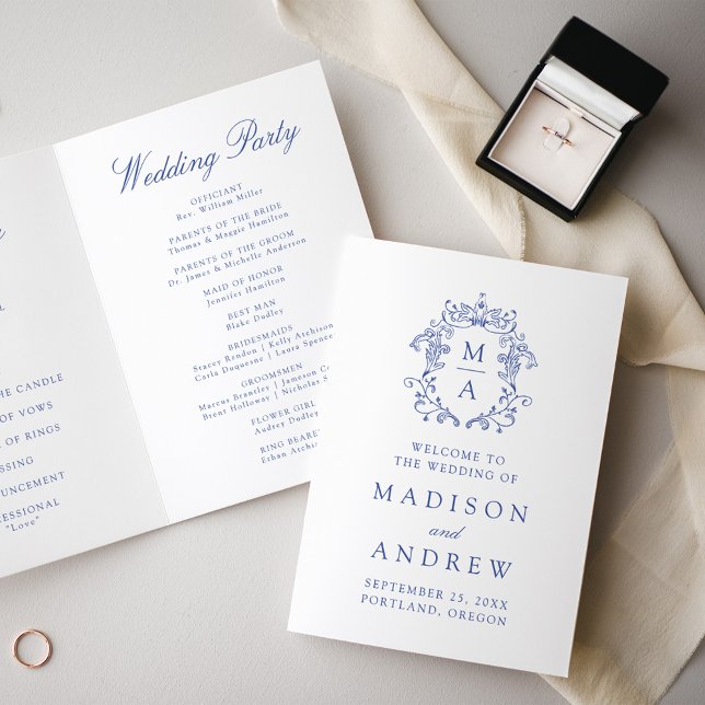 Elegant Blue Chinoiserie Monogram Crest Wedding Programme (Creator Uploaded)