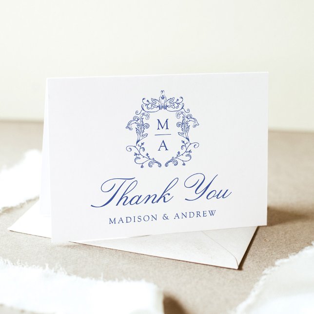 Elegant Blue Chinoiserie Monogram Crest Wedding Thank You Card (Creator Uploaded)