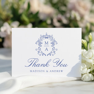 Elegant Blue Chinoiserie Monogram Crest Wedding Thank You Card