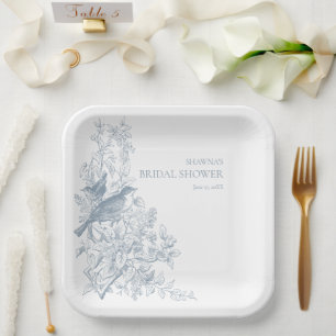 Elegant Blue Chinoiserie Nature Bird Bridal Shower Paper Plate