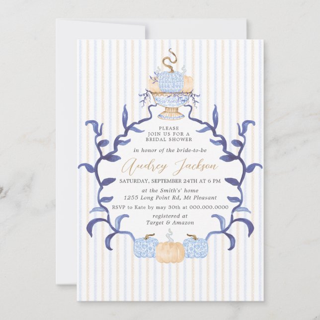 Elegant Blue Chinoiserie Pumpkin Bridal Shower Invitation (Front)