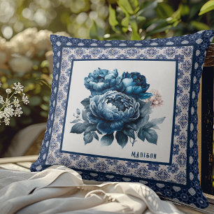 Elegant Blue Chinoiserie Toile Floral Monogram Cushion