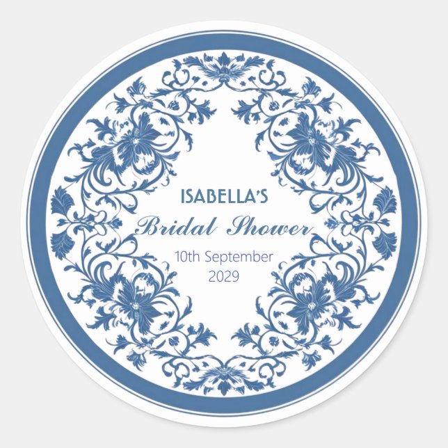 Elegant Blue Chinoiserie Victorian Chinese Floral  Classic Round Sticker (Front)