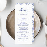 Elegant Blue Chinoiserie Victorian Floral Wedding Menu<br><div class="desc">Create a stunning dining experience with our Elegant Blue Chinoiserie Floral wedding menu. Featuring elegant blue calligraphy on a crisp white background, this customisable menu allows couples to add their names, wedding date, and personalised menu offerings. The back showcases a beautiful blue and white Chinoiserie floral pattern, adding a timeless...</div>