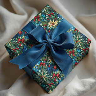 Elegant blue christmas coquette bow stained glass  wrapping paper