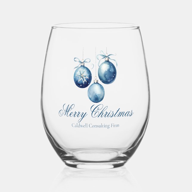 Elegant Blue Christmas Ornaments Company Party Stemless Wine Glass (Front)