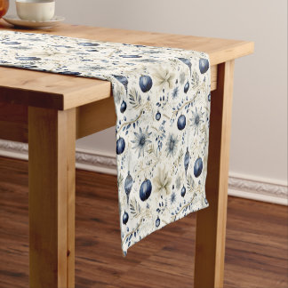 Elegant Blue Christmas Ornaments Holiday Short Table Runner