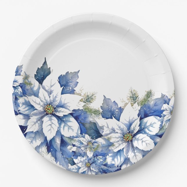 Elegant Blue Christmas Poinsettia  Paper Plate (Front)