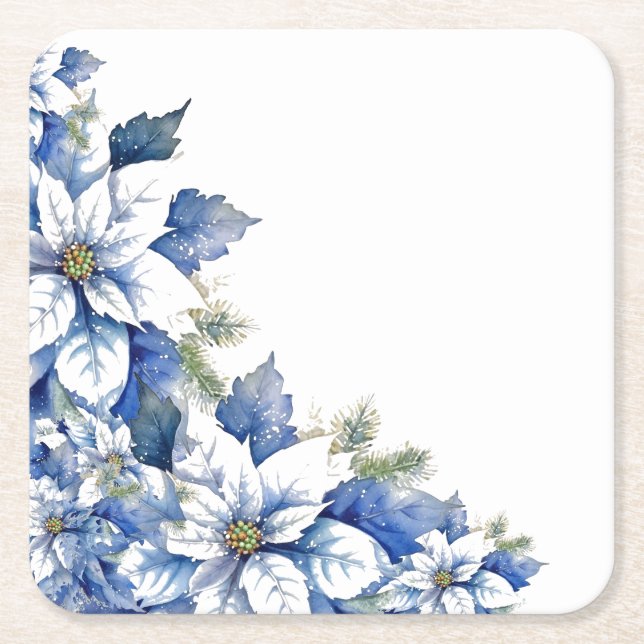Elegant Blue Christmas Poinsettia  Square Paper Coaster (Front)