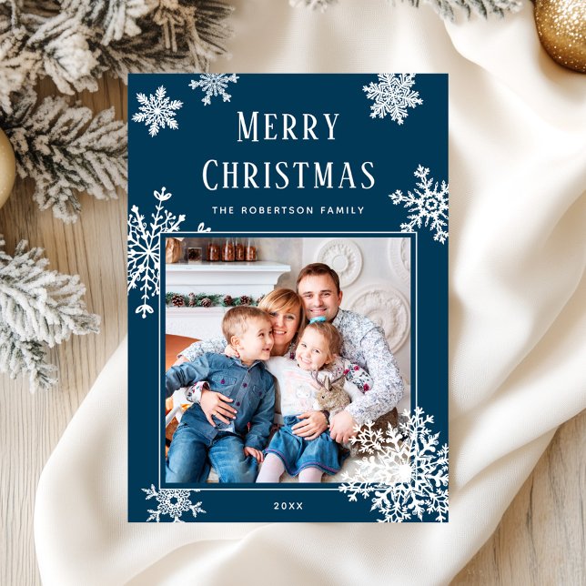 Elegant Blue Christmas Snowflakes Photo Holiday Card (Creator Uploaded)