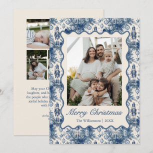 Elegant Blue Christmas Toile Nutcracker 5 Photos Holiday Card