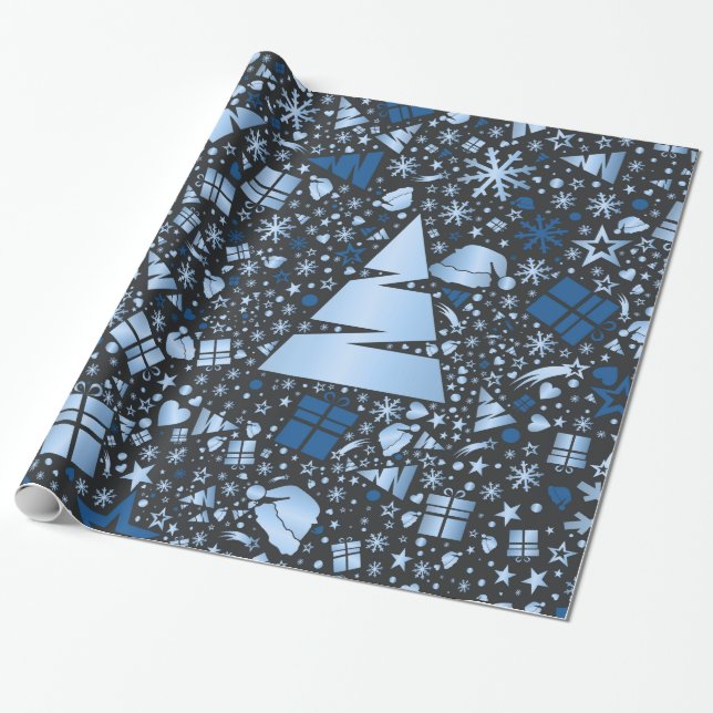 Elegant Blue Christmas Tree Pattern Wrapping Paper (Unrolled)