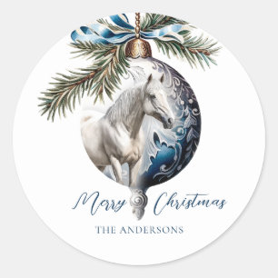 Elegant blue Christmas white horse equestrian Classic Round Sticker