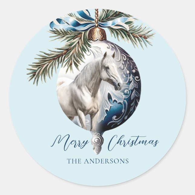 Elegant blue Christmas white horse equestrian Classic Round Sticker (Front)