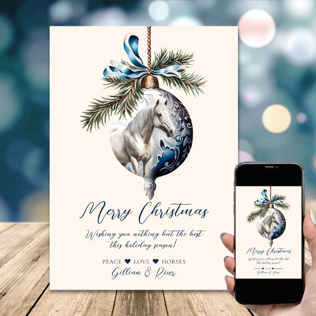 Elegant blue Christmas white horse equestrian Holiday Card (Elegant blue Christmas white horse equestrian Holiday Card)