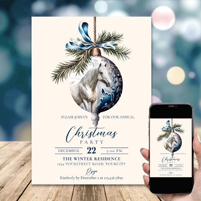 Elegant blue Christmas white horse equestrian Invitation (Elegant blue Christmas white horse equestrian Invitation)