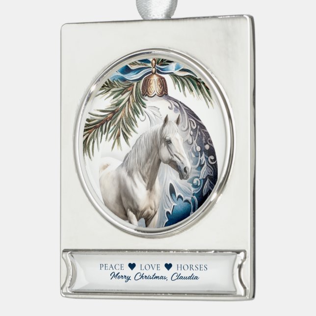 Elegant blue Christmas white horse equestrian Silver Plated Banner Ornament (Left)
