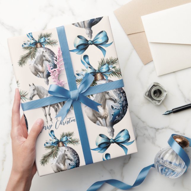 Elegant blue Christmas white horse equestrian Wrapping Paper (Gifting)
