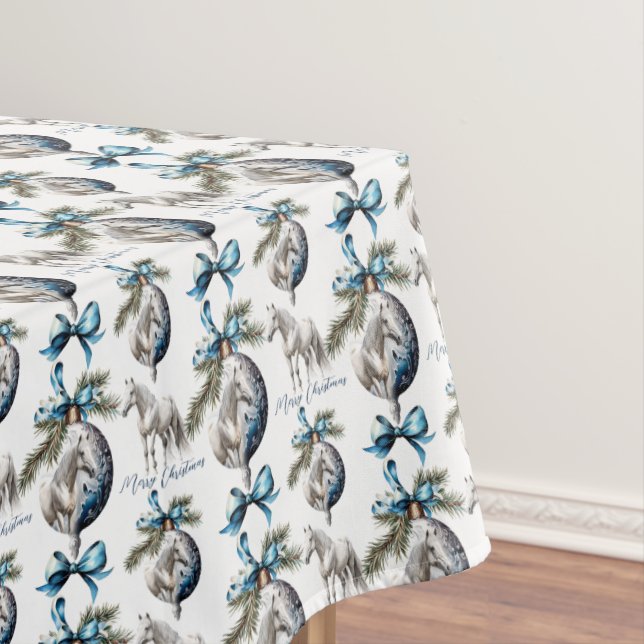 Elegant blue Christmas white horse pattern Tablecloth (In Situ)