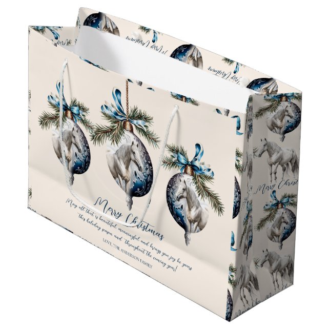 Elegant blue Christmas white horse quote Large Gift Bag (Front Angled)